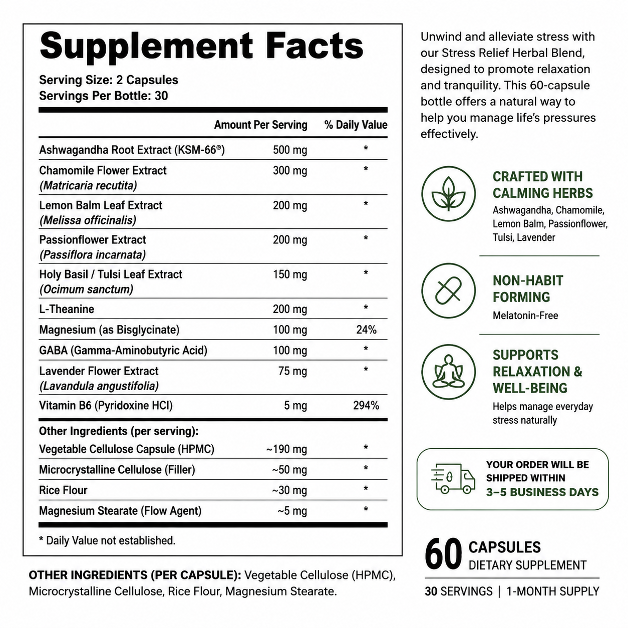 Stress Relief Herbal Blend — Supplement Facts