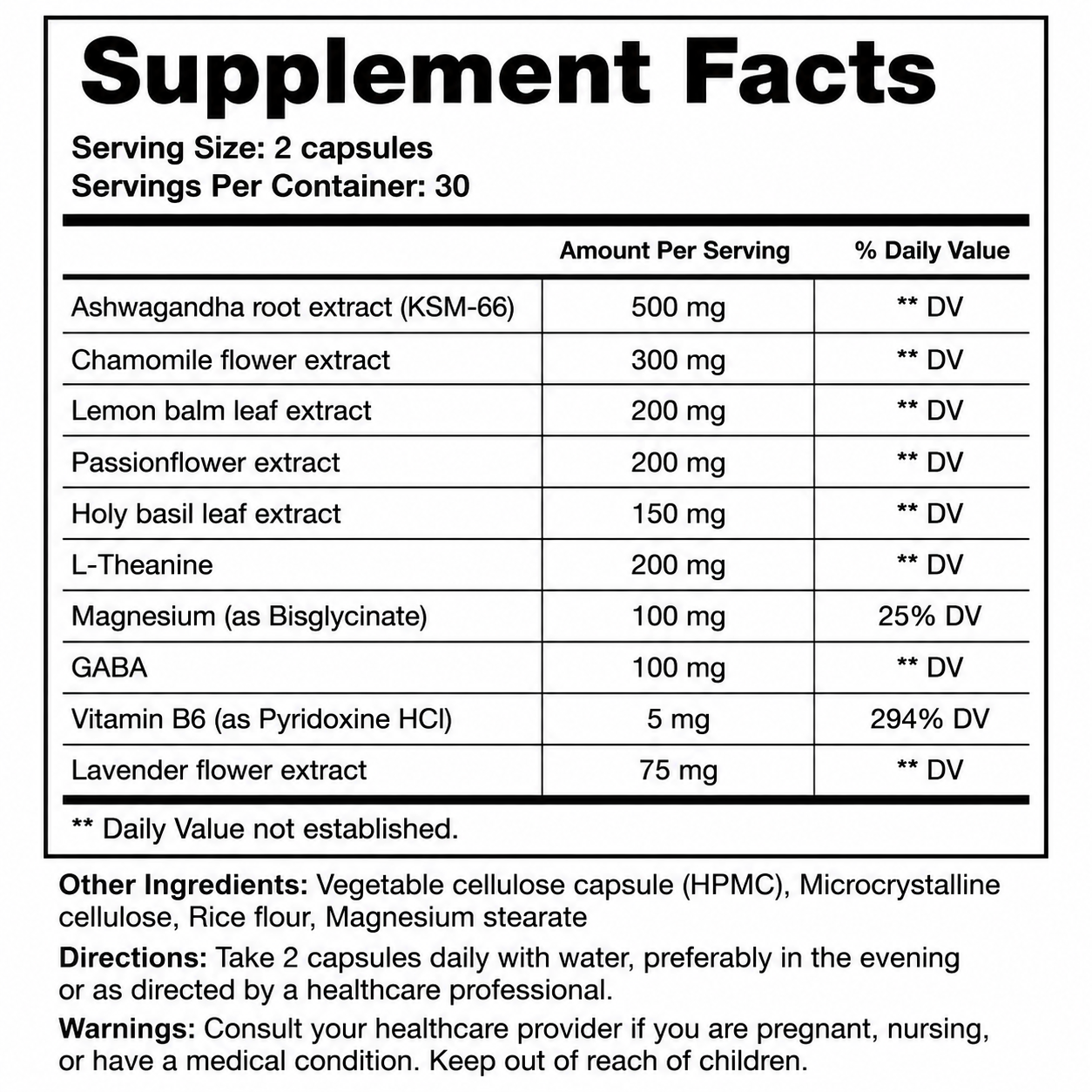 Stress Relief Herbal Blend — Supplement Facts